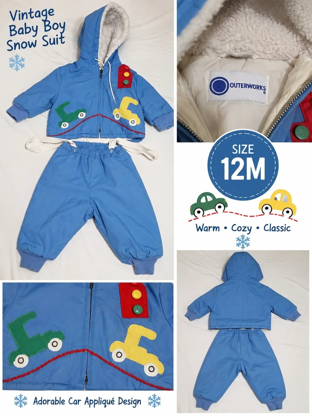 Outerworks vintage infant boy 12m blue car snow bib outfit #33